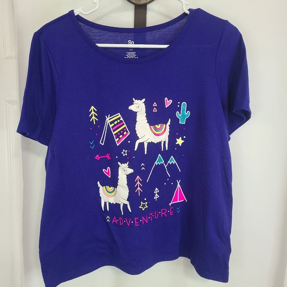 (1428) So Girls Short Sleeve Lama Motif T-Shirt, Size: 18 1/2 Color: Blue - Picture 4 of 15